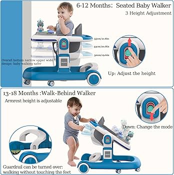 Trotteur Évolutif Bébé 2-en-1 : Assis (6-12M) et Poussoir (13-18M) Hauteur Ajustable