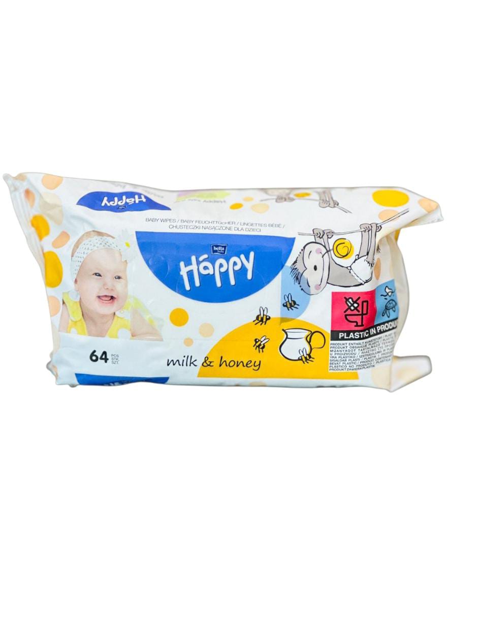 Bella Happy Lingettes Bébé Lait & Miel | Nourrissant et Adoucissant | 64 Unités