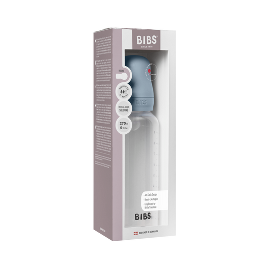 BIBS Biberon Bébé Rond Silicone 1 pack 270 ml Débit Moyen - Baby Blue