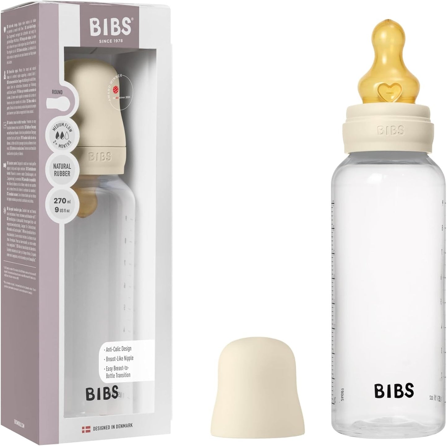 BIBS Biberon Bébé Rond Latex 1 pack 270 ml Débit Moyen - Ivory