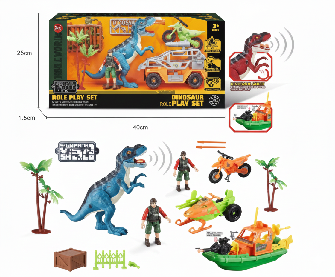 Kit Aventure Dinosaure 5-en-1 – Hélicoptère, Bateau, T-Rex Sonore & Figurines Explorateur
