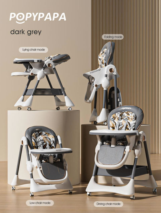 Chaise Haute Évolutive POPYPAPA Dark Grey – 4 Modes (Allongé, Pliage, Fauteuil Bas, Chaise de Repas) – Confort Bébé & Design Moderne