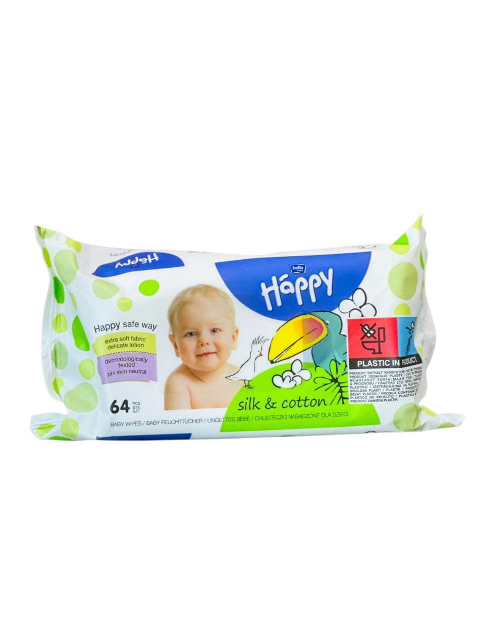 Bella Happy Lingettes Bébé Soie & Coton | Lotion Délicate PH Neutre | 64 Unités