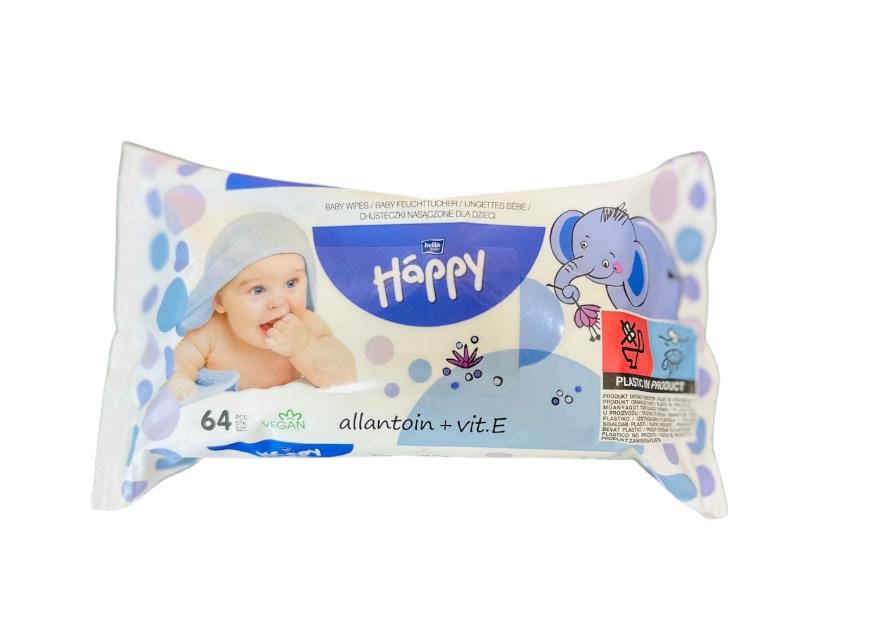 Bella Happy Lingettes Bébé Douces | Allantoïne + Vitamine E | Peau Sensible | 64 Unités