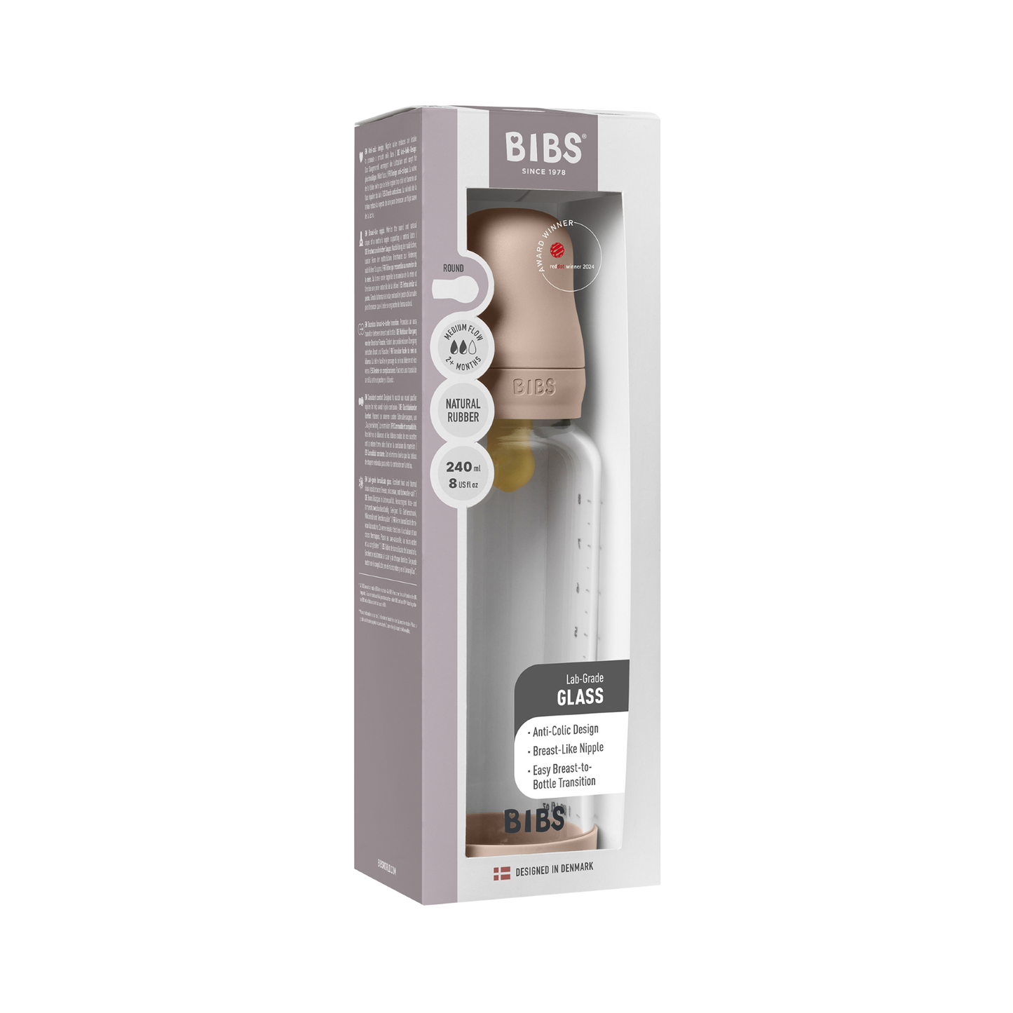 BIBS Biberon Bébé en Verre Rond Latex 1 pack 240 ml Débit Moyen - Blush