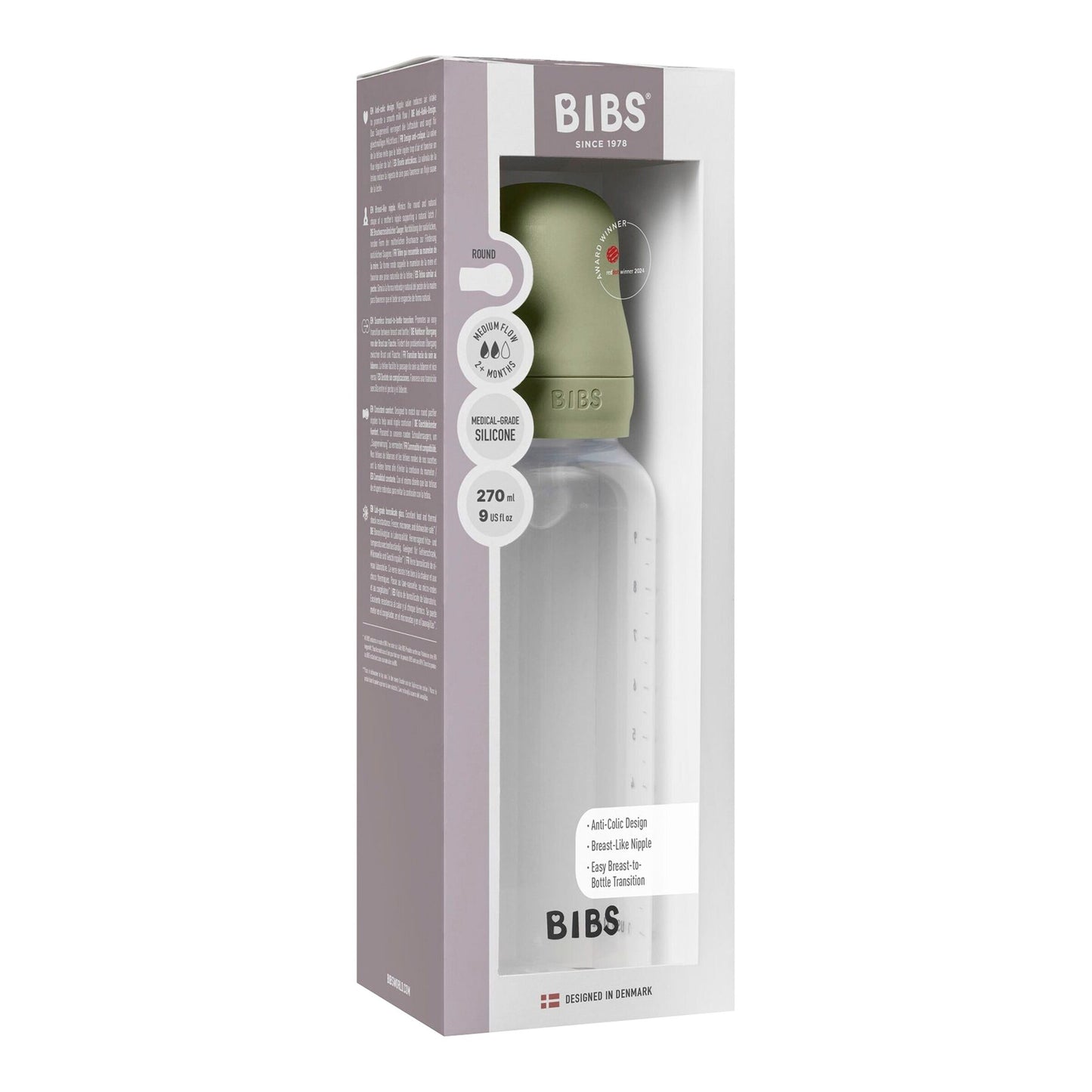 BIBS Biberon Bébé Rond Silicone 1 pack 270 ml Débit Moyen - Sage
