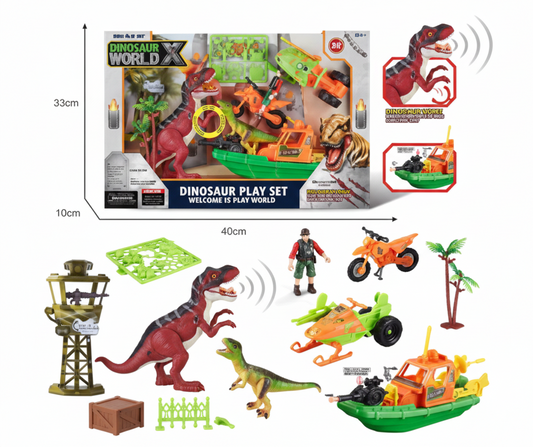 Kit de Jeu Dinosaure Aventure Complet – Bateau, Hélicoptère & T-Rex Sonore